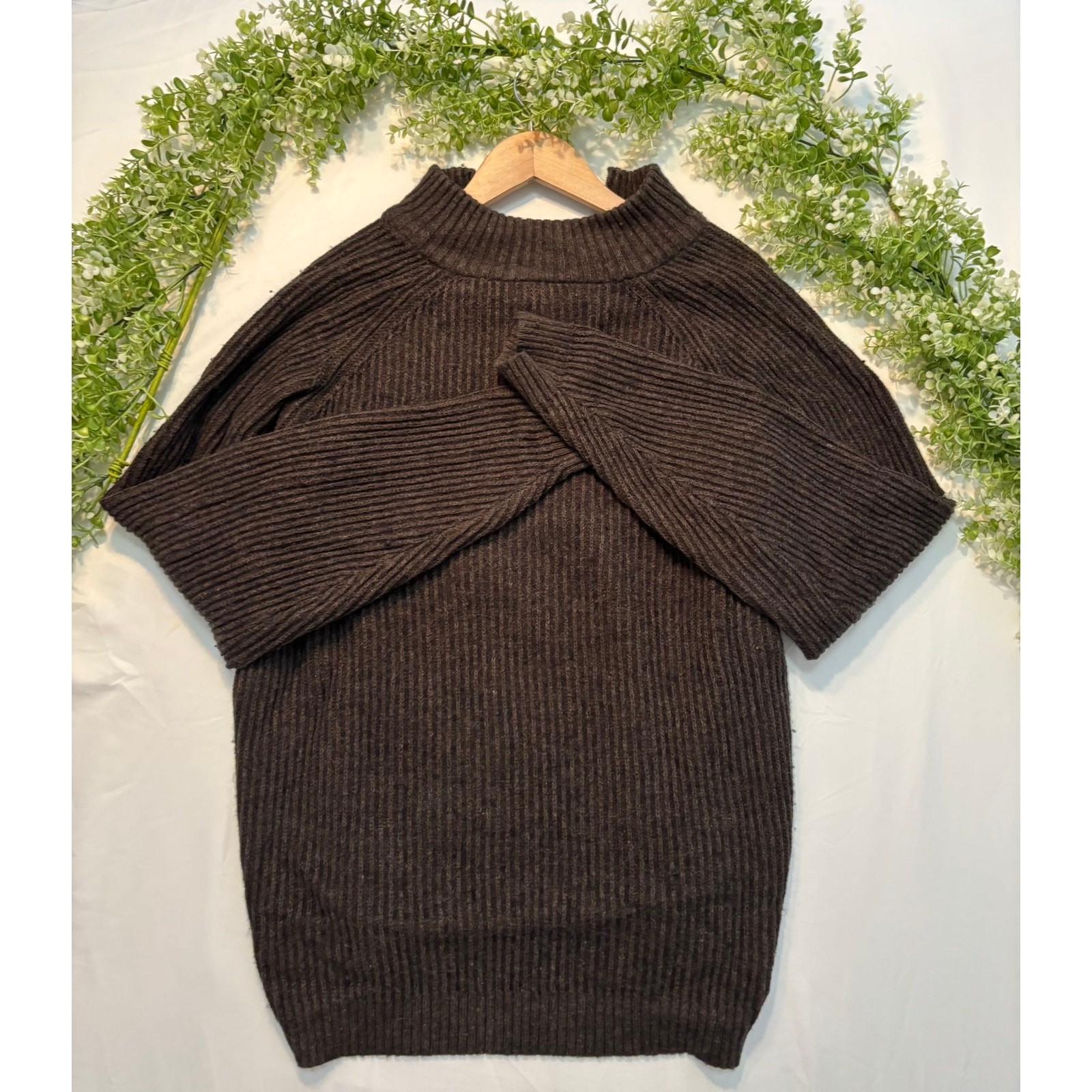 Vintage Eddie Bauer Dark Brown Chunky Knit Quarter-Zip Sweater w/ Elbow Patches