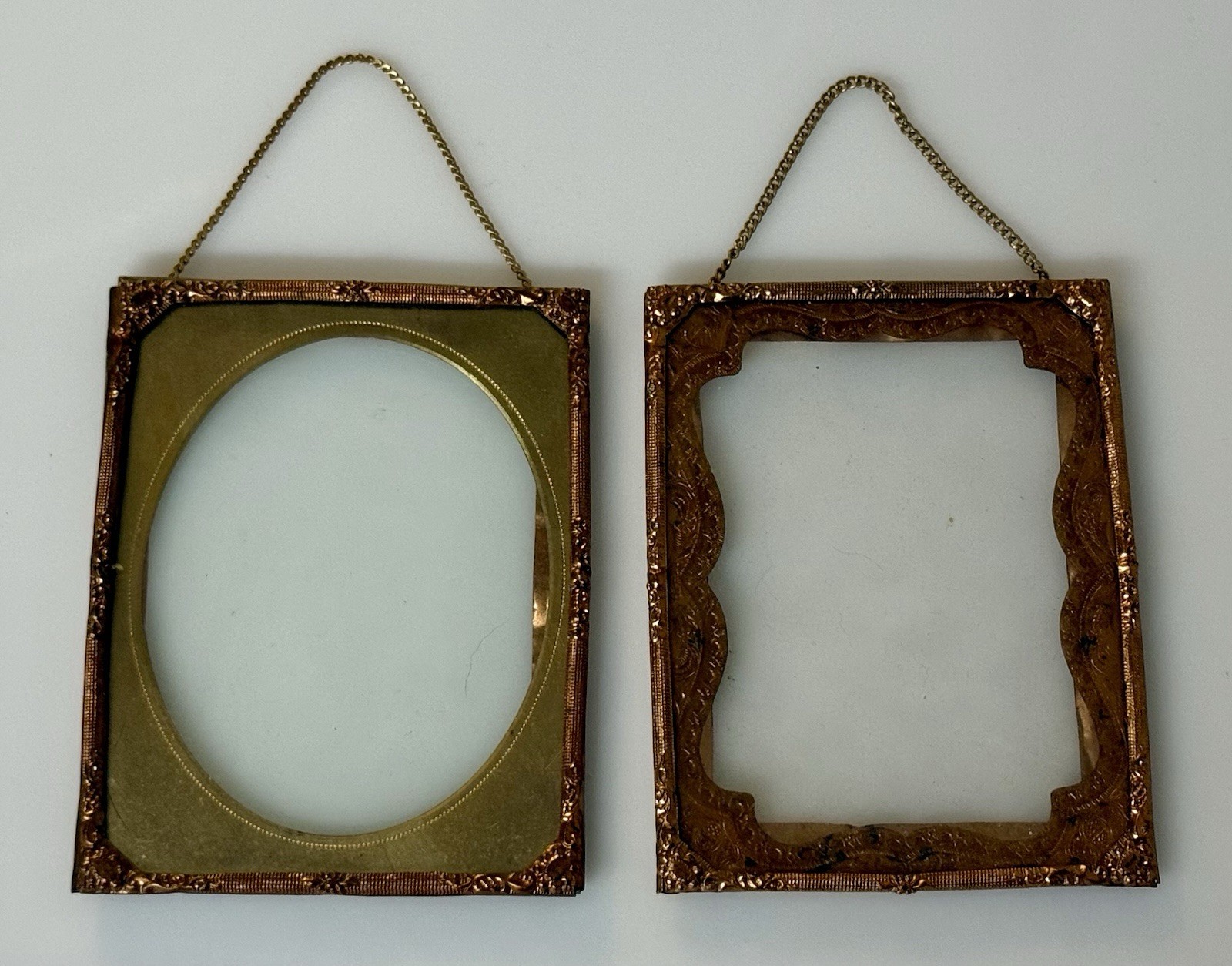 Pair of Antique Victorian Ornate Gilt & Brass Hanging Miniature Picture Frames Pair of Antique Victorian Ornate Gilt & Brass Hanging Miniature Picture Frames