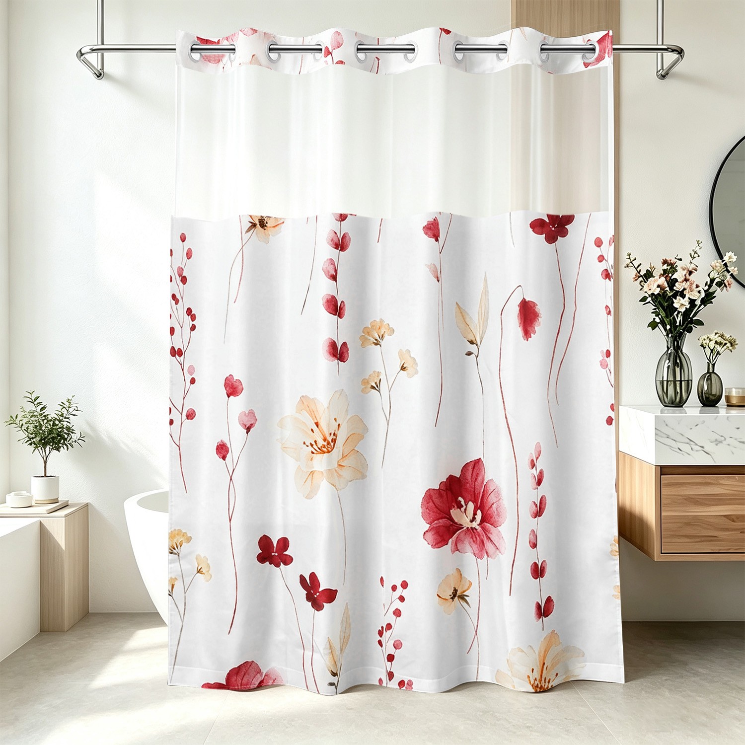 Hookless Fabric Shower Curtain,Easy Hangwith Liner&Built-in Rings, 70 in x 74 in