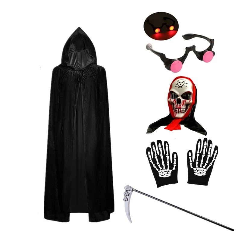 New Halloween Grim Reaper Costume for Kids, Glowing Red Eyes Mask Gloves, Fast 