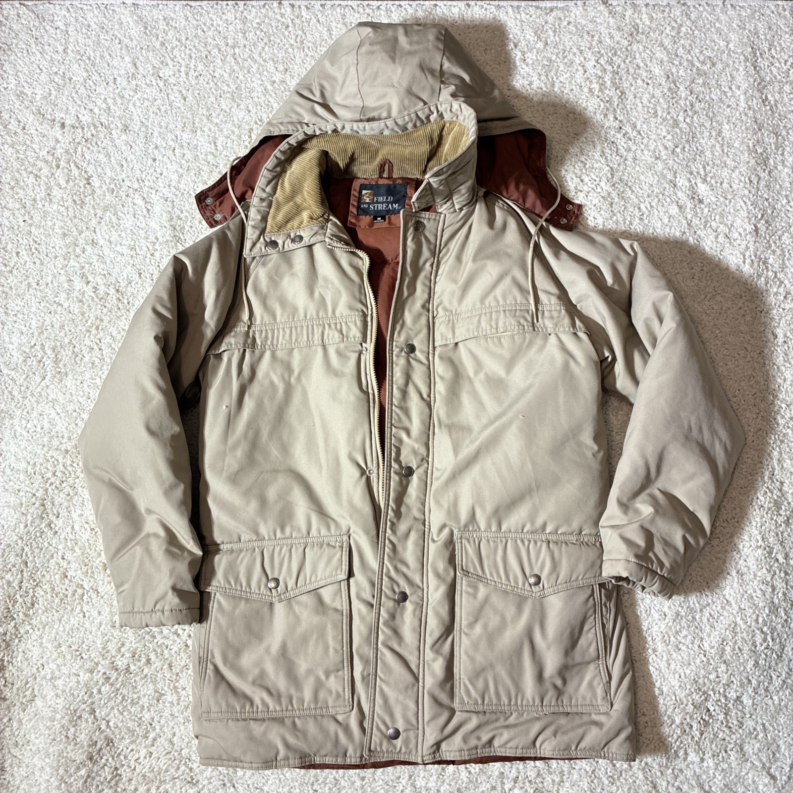 Field & Stream Goose Down Parka Men\'s M Khaki Hood Corduroy