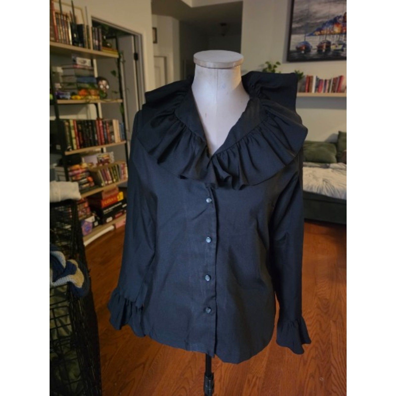 Vintage 70s JCPenney Fashions Black Ruffle Blouse - Romantic Goth Poet Shirt
