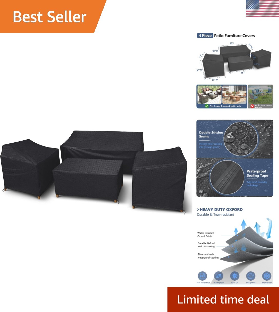 UV-Stabilized 420D Waterproof Outdoor Furniture Covers - 4-Piece Set, Large Size