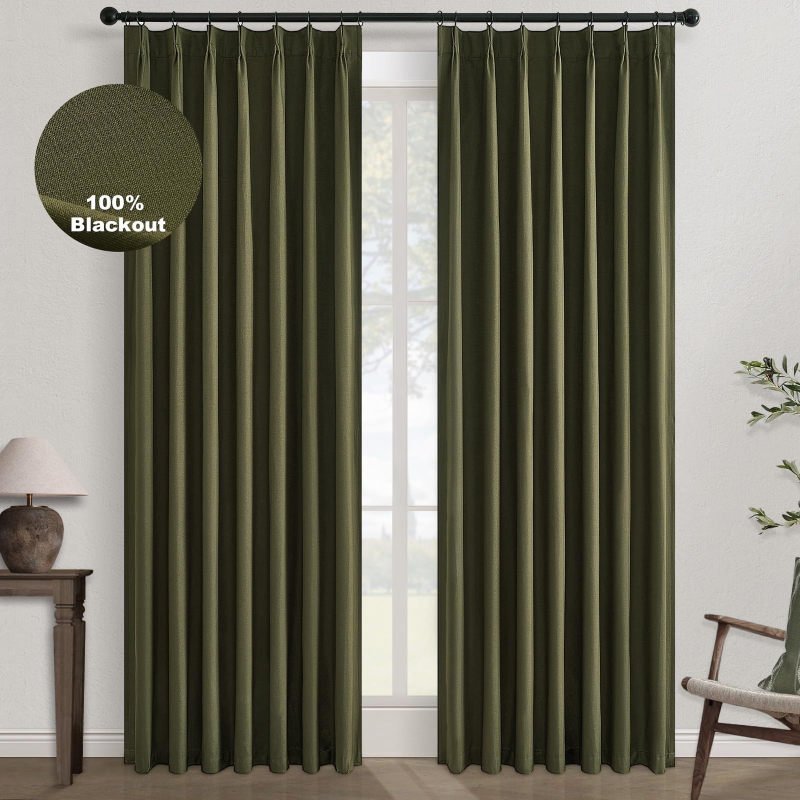 Topfinel Olive Green 102 Inches Long Blackout Linen Curtains, Pinch Pleated