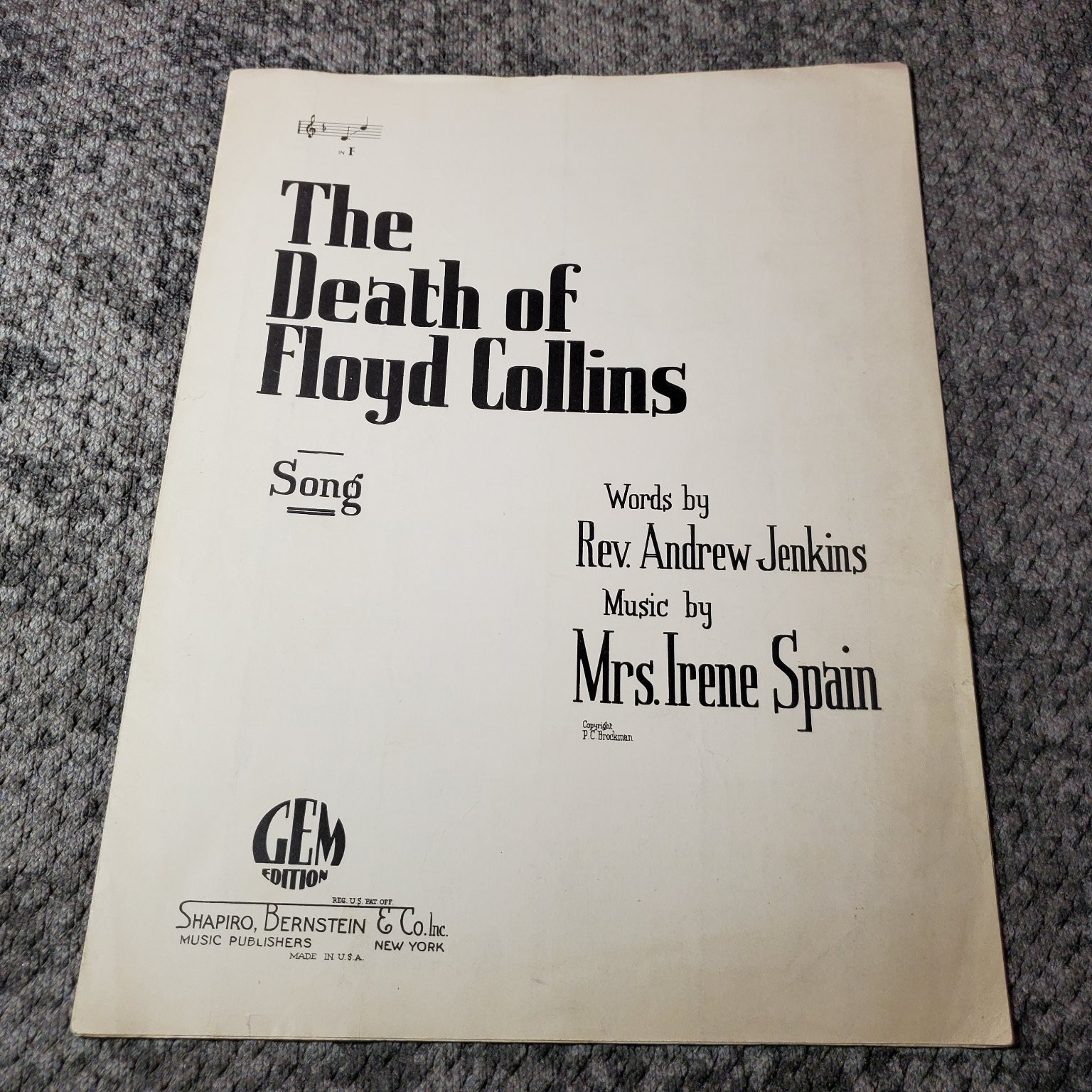 The Death of Floyd Collins Sheet Music Jenkins Spain P/V/G Shapiro 1925