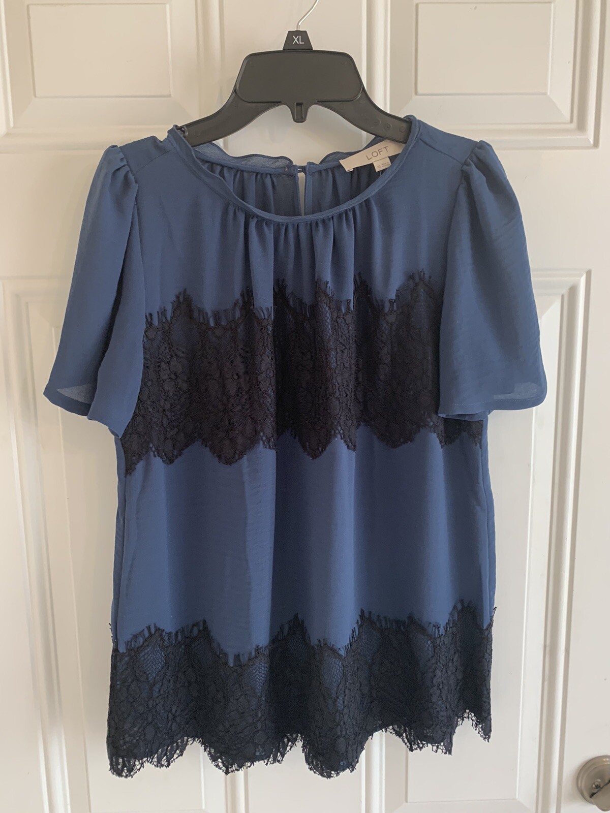 NWT LOFT Boho Blouse Women’s Top XS Blue Black Lace Trim Relaxed Fit Preppy NWT LOFT Boho Blouse Women’s Top XS Blue Black Lace Trim Relaxed Fit Preppy