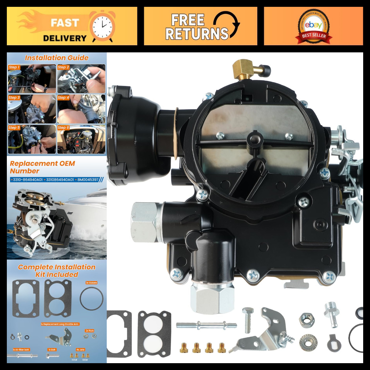 Marine Carburetor 2 Barrel for Mercruiser 3.0L 2.5L 4Cyl Engine, Electric Choke,