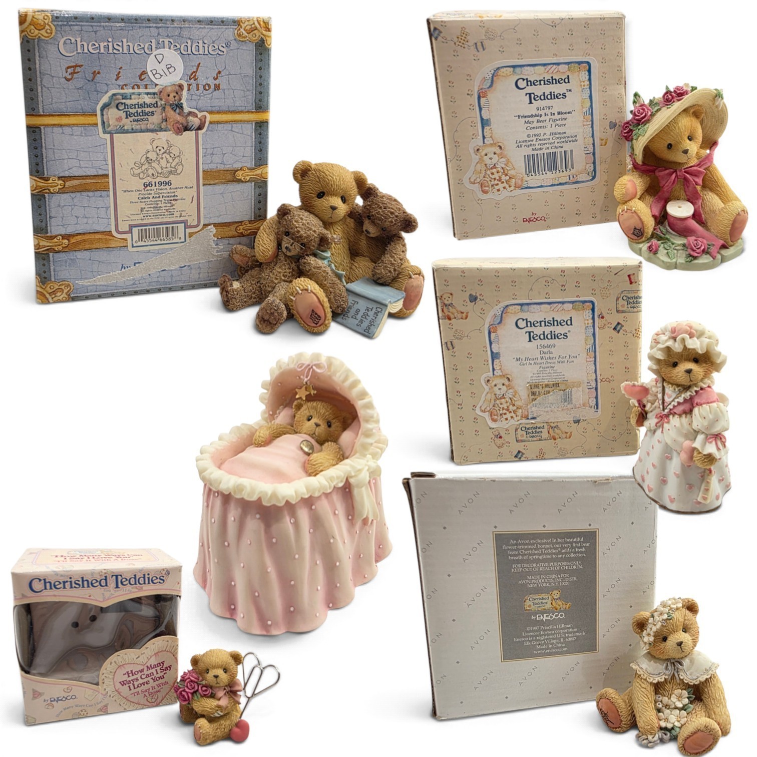 Enesco Cherished Teddies Vintage Bear Figurine Lot (6) With Boxes Caleb Avon May Enesco Cherished Teddies Vintage Bear Figurine Lot (6) With Boxes Caleb Avon May