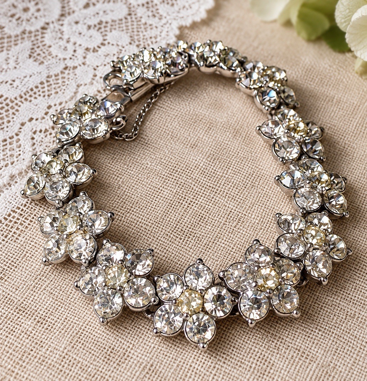 Vintage Signed BOGOFF Rhinestone Flower Bracelet 6.5” Safety Chain 1950s
