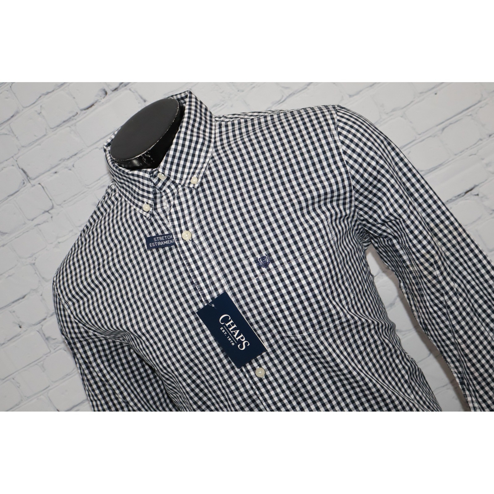 Chaps Performance Button Down Dress Shirt Mens Large Blue Gingham Stretch NEW
