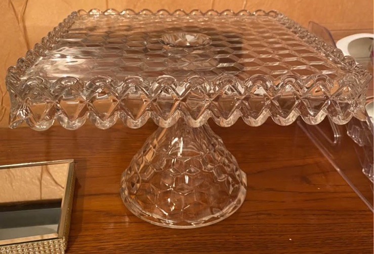 Vtg Fostoria American Glass Square Pedestal Cubist Cake Stand Plate w/Rum Well Vtg Fostoria American Glass Square Pedestal Cubist Cake Stand Plate w/Rum Well
