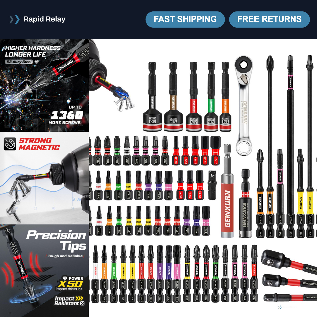 82-Piece Magnetic Impact Screwdriver Bit Set - S2 Steel Phillips, Torx, Hex, Nut 82-Piece Magnetic Impact Screwdriver Bit Set - S2 Steel Phillips, Torx, Hex, Nut