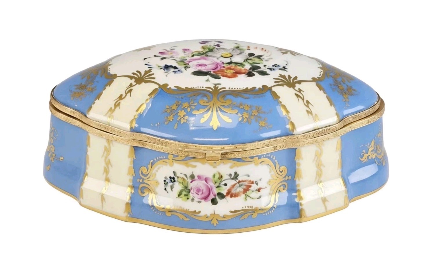 Antique 19C French Sevres Porcelain Celeste Blue Gilt Bronze Jewelry Box