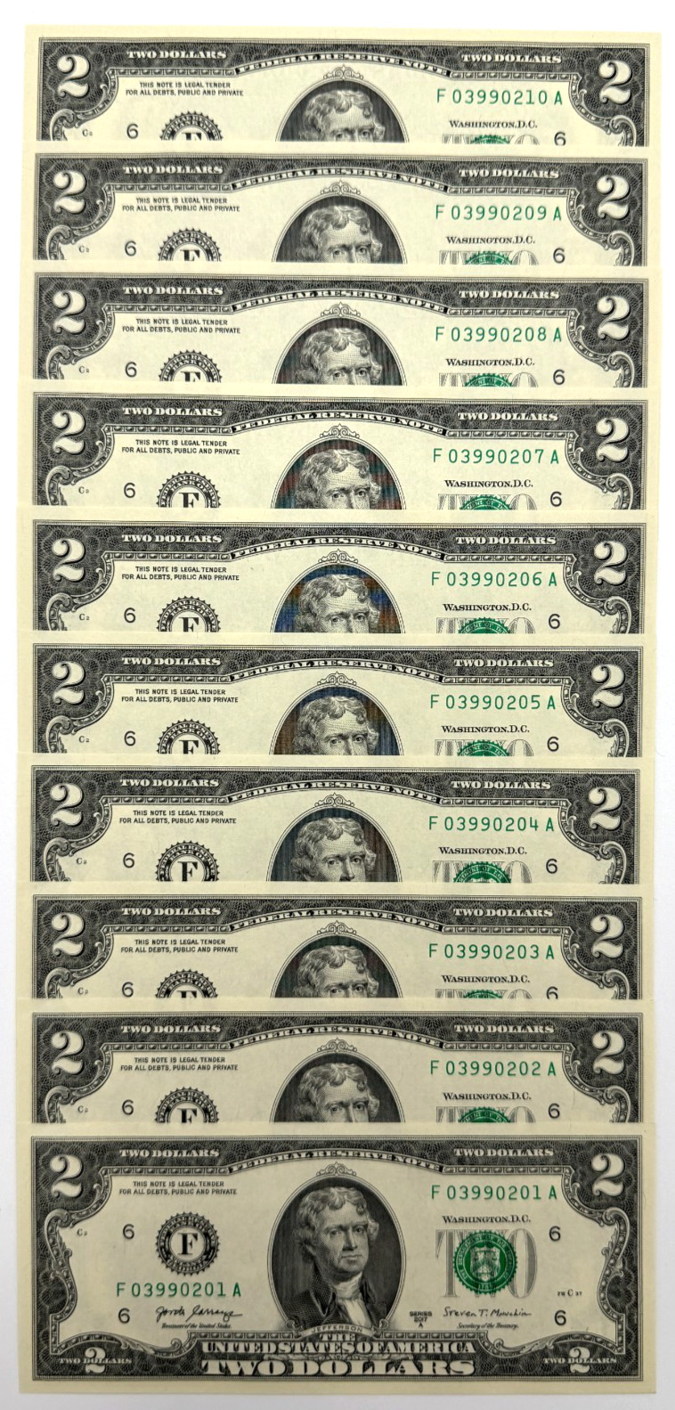 NEW Uncirculated Two Dollar Bills  Series 2017A  $2 Sequential Notes  Lot of 10