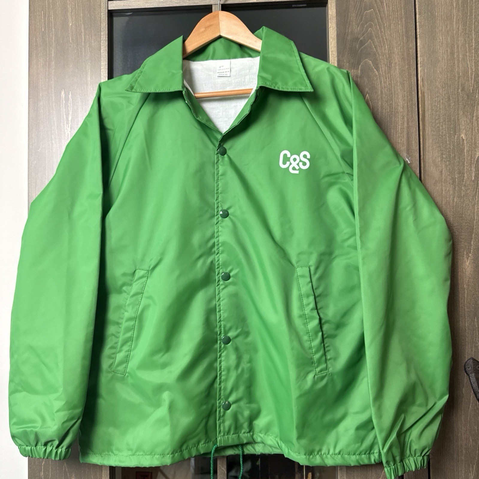 Vintage 60s Green Snap Button Windbreaker Jacket Logo Mens M Lined Pockets