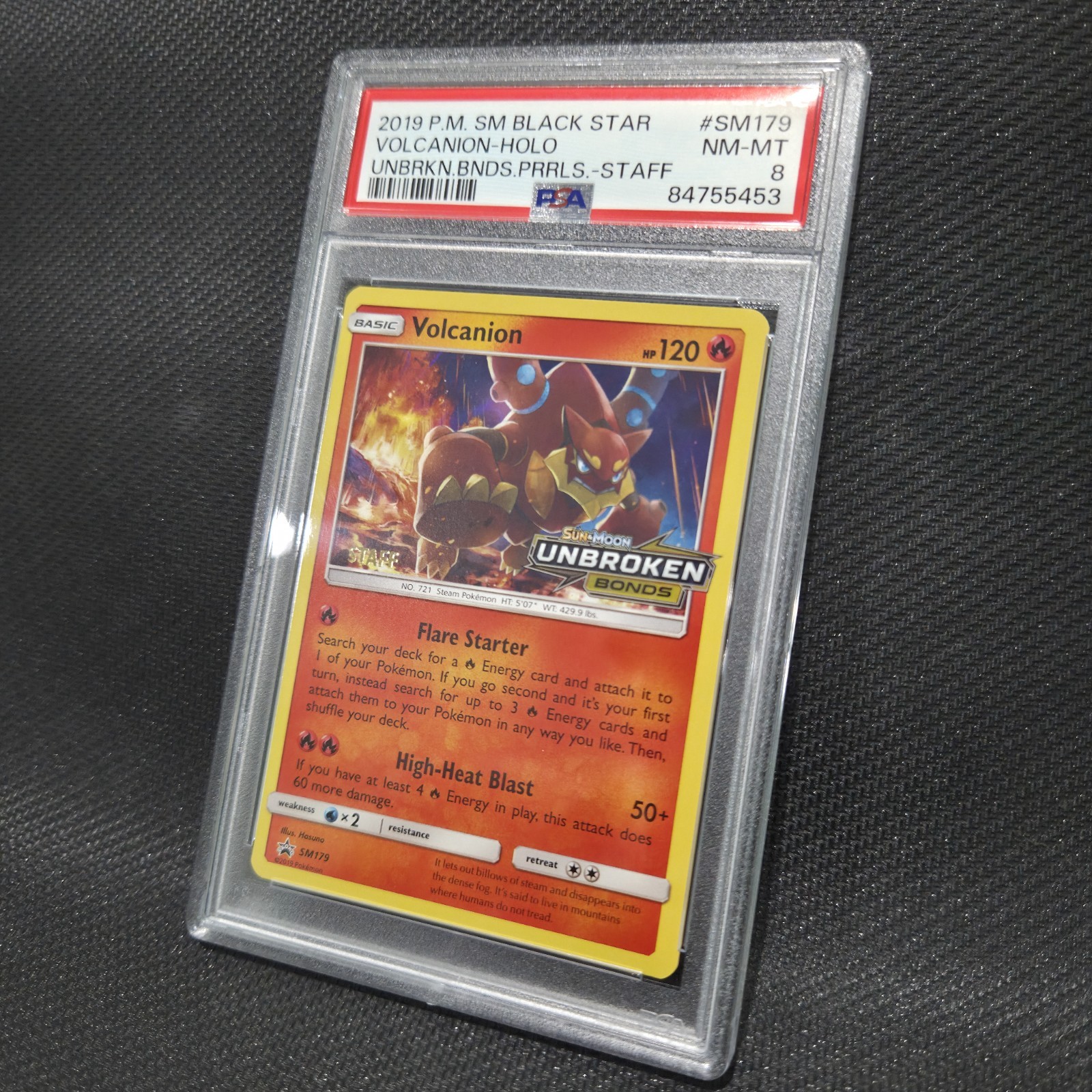 2019 Pokemon: VOLCANION SM179 - [STAFF] [Unbroken Bonds] Prerelease NM/MT PSA 8