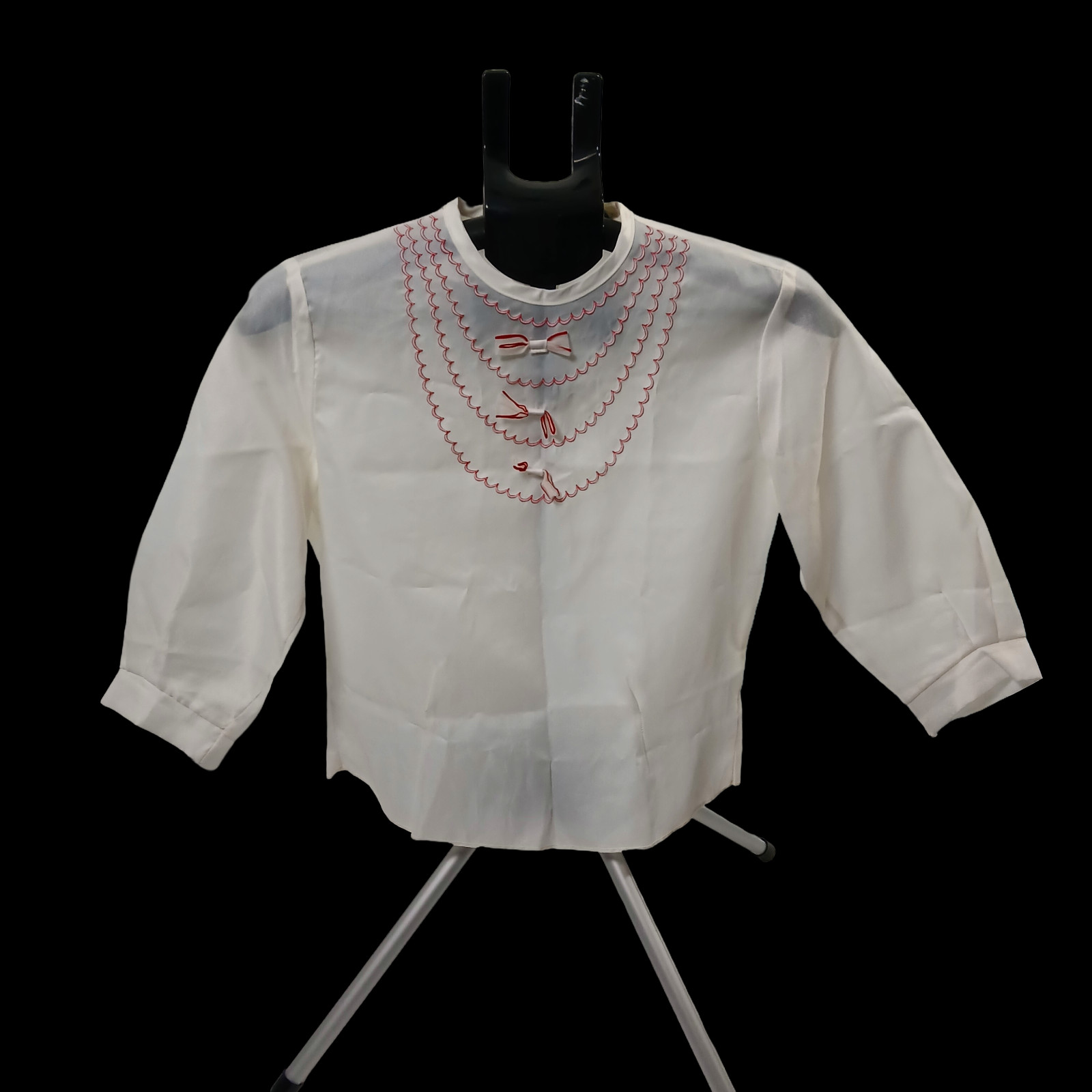 Vintage 1950s Penny Lou Blouse Womens Small Red Scalloped Embroidery Bows Sheer