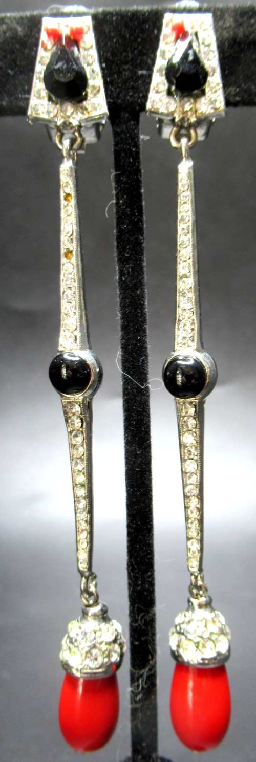 CARLO ZINI Art Deco Style Long Red & Black Rhinestone Cabochon Clip Earrings