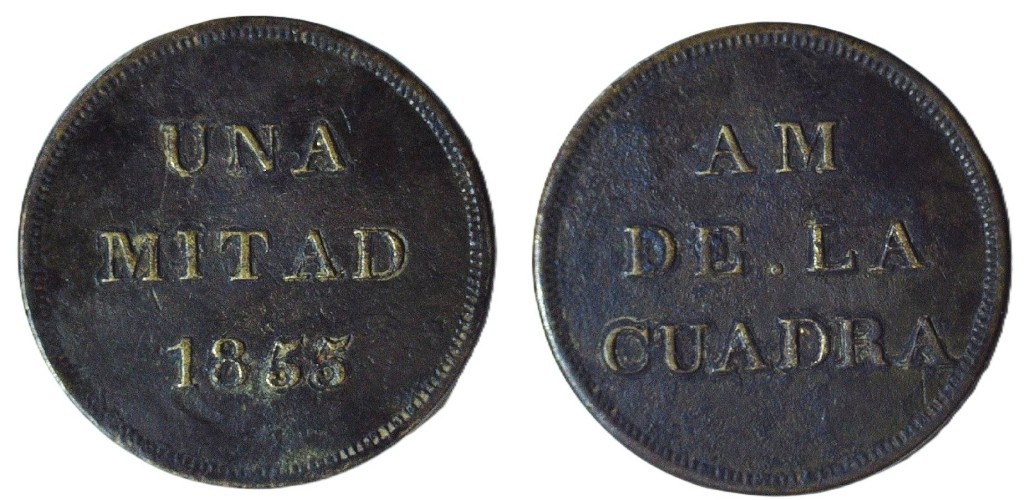 RARE COLUMBIA FICHA - UNA MITAD 1855 - AM DE.LA CUADRA TOKEN - 28 mm - EC 10011