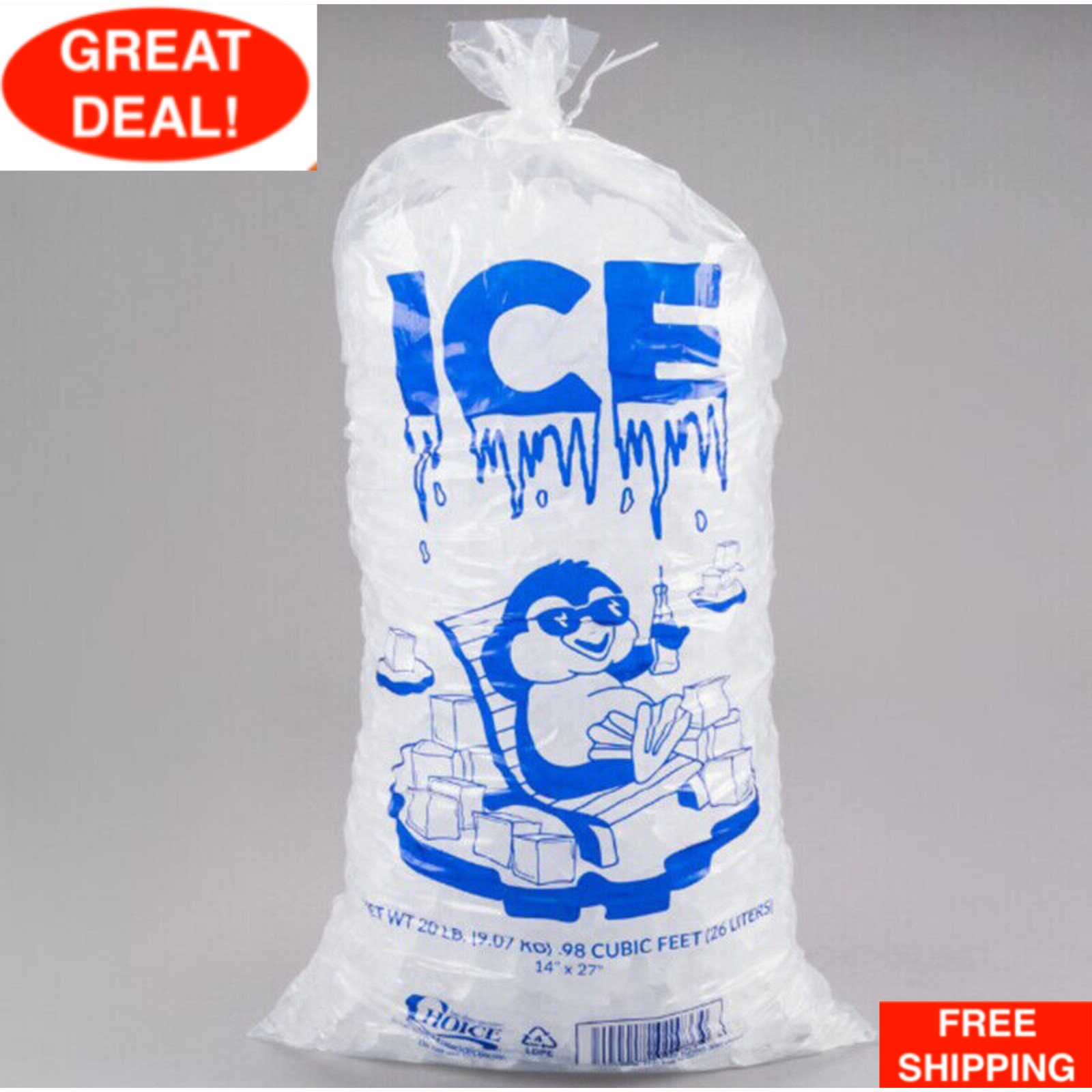 (500/Case) 20 lb. Clear Printed Plastic Wicketed Ice Bag Barcoded w/ Twist Ties