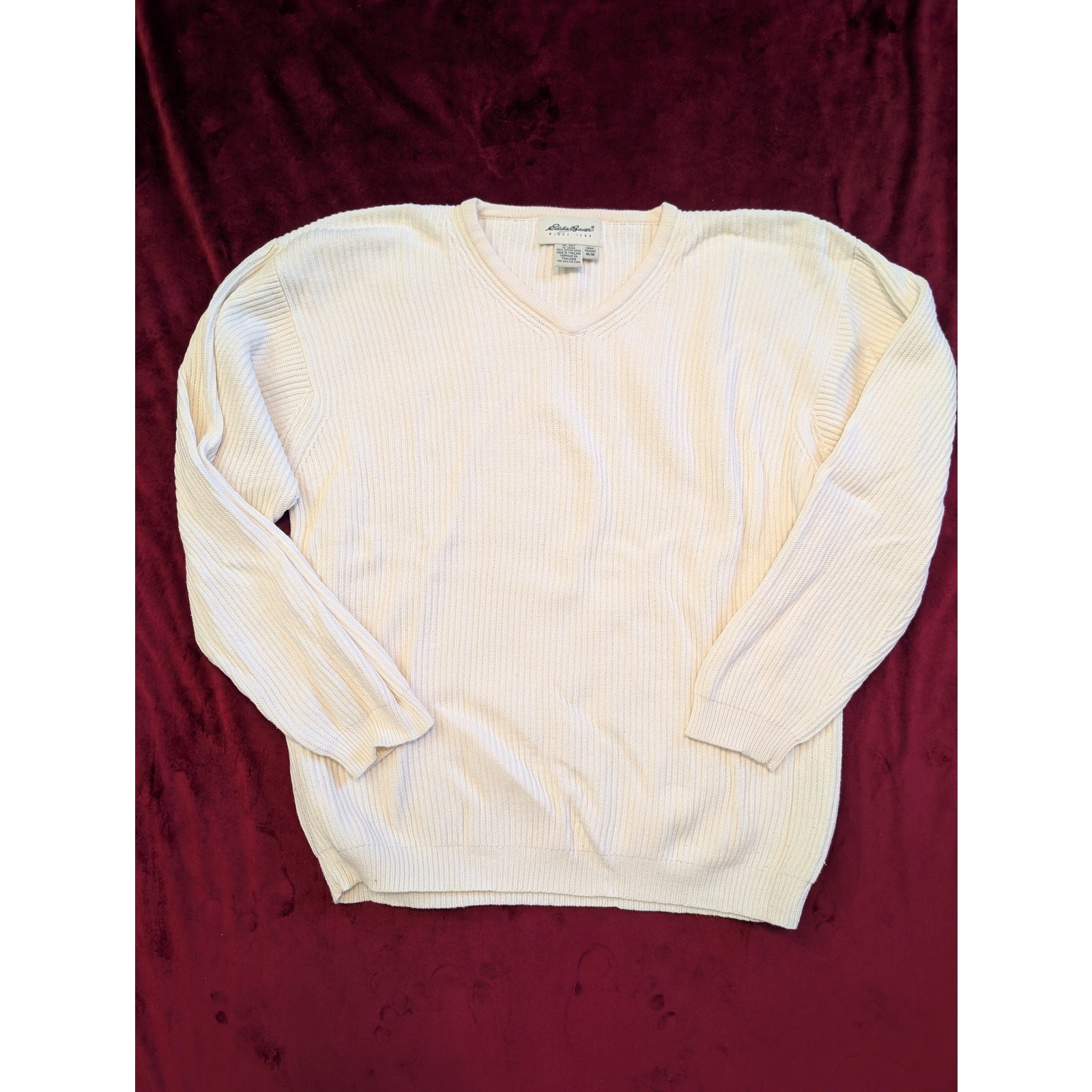 Vintage Eddie Bauer Cream V-Neck Ribbed Knit Sweater Cotton XL