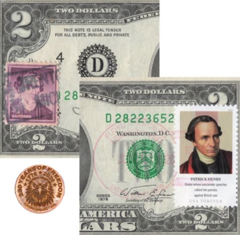 Series 1976 USPS 2026 Cancelled Patrick Henry Stamp $2 Dollar Bill D28223652A