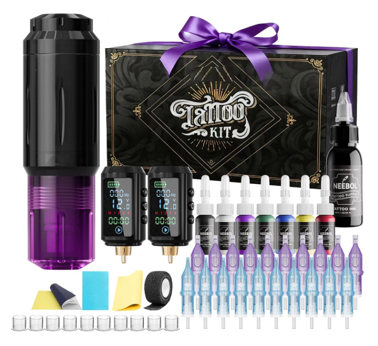Kit de tatuaje inalámbrico con 2 baterías de 1600 mAh, 20 cartuchos de agujas y 