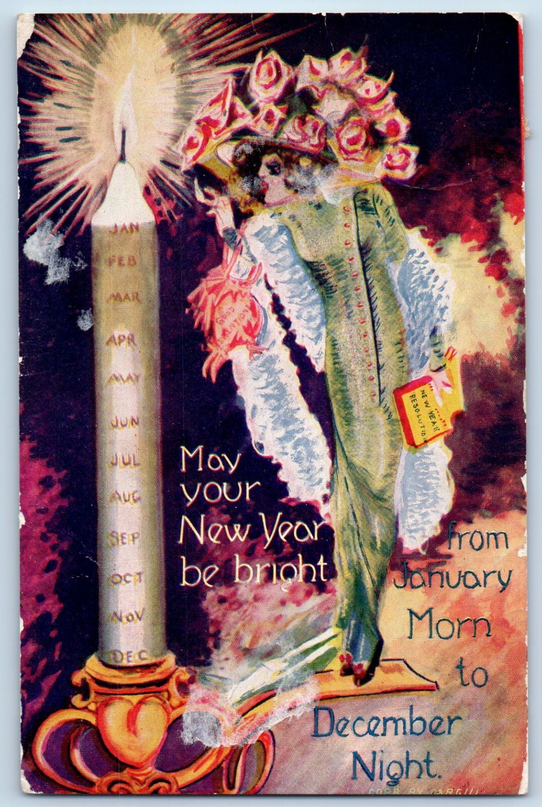 Athena Oregon OR Postcard December Night Candle Flowers c1910's Posted Antique
