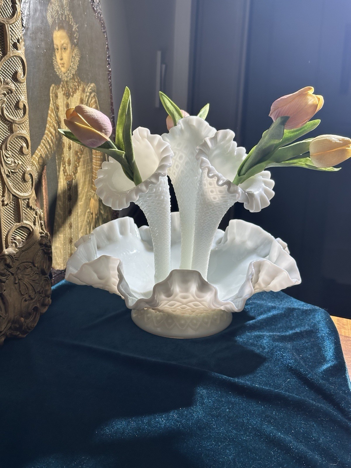 Vintage White Fenton Hobnail Ruffled Milk Glass 3-Horn Epergne, 10.5x9”
