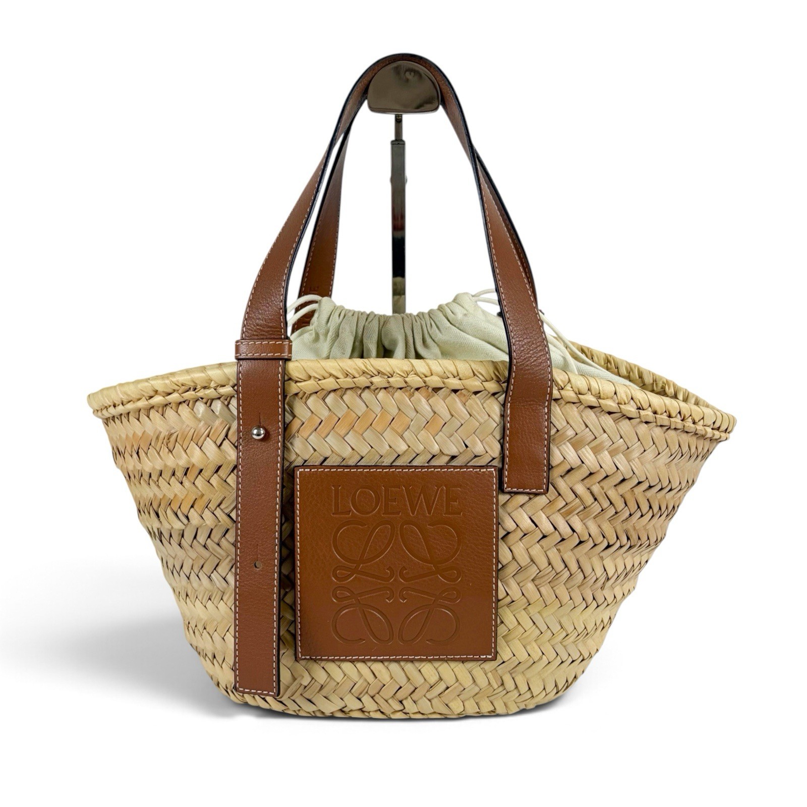 Loewe Basket Bucket Bag Medium Beige Brown Raffia Anagram Used Authentic