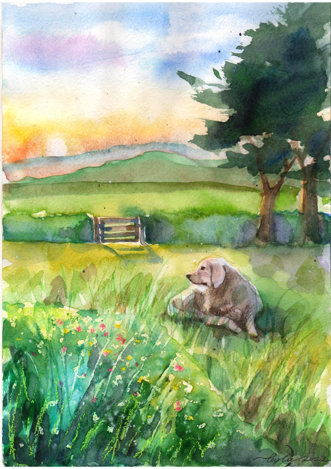 Original Watercolor Painting Golden Retriever Wall Art Sunset Landscape Art