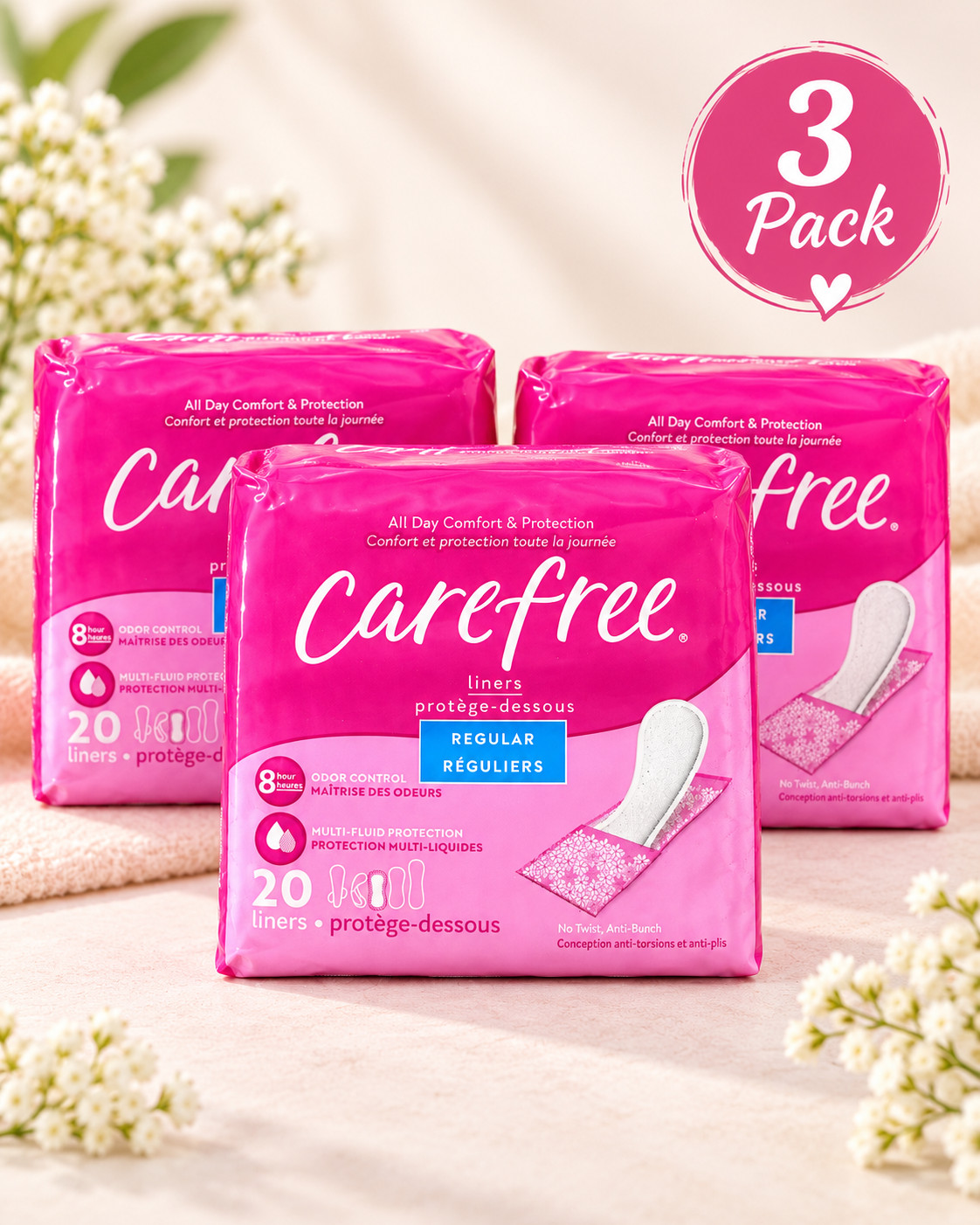 CareFree Regular Liners 20 Count 3 Pack Odor Control Multi-Fluid Protection