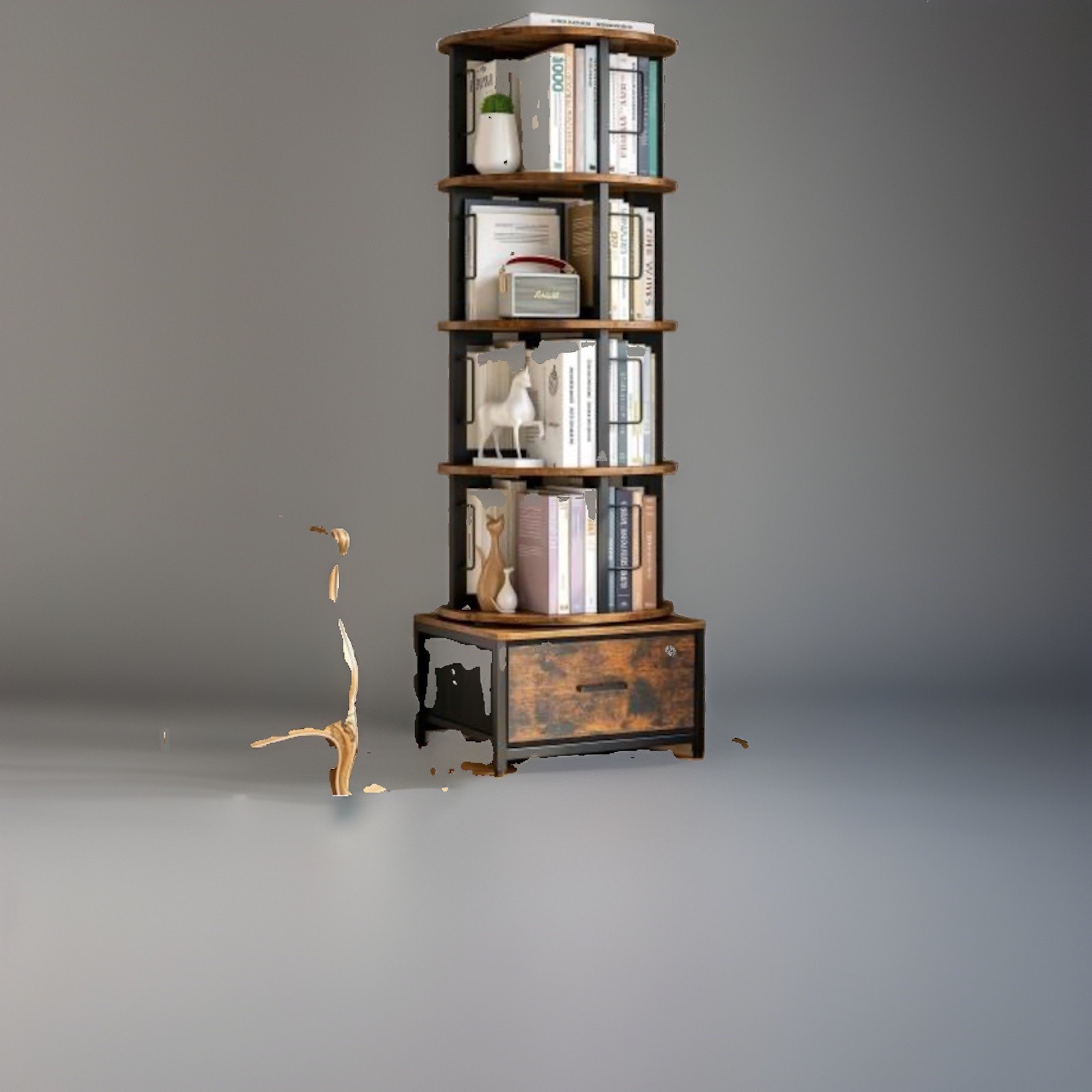 Housolution 5-Tier Rotating Round Bookcase Tower w/ Drawer Wood/Metal Brown Housolution 5-Tier Rotating Round Bookcase Tower w/ Drawer Wood/Metal Brown
