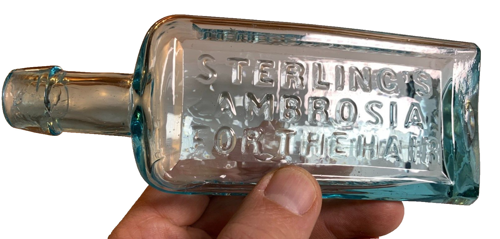 Antique Applied Top Embossed Sterling\'s Ambrosia Bottle NEW YORK NY NYC 1860s