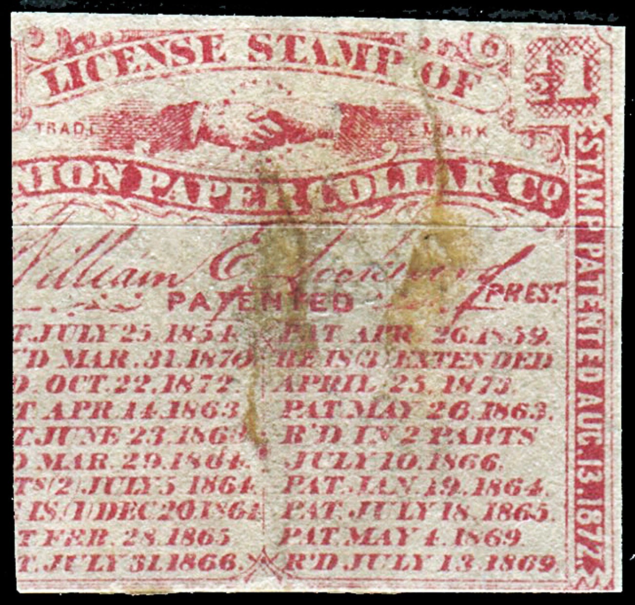 DRUMMOND #LRUPC1.6 UNION PAPER COLLAR CO. LICENSE STAMP, \