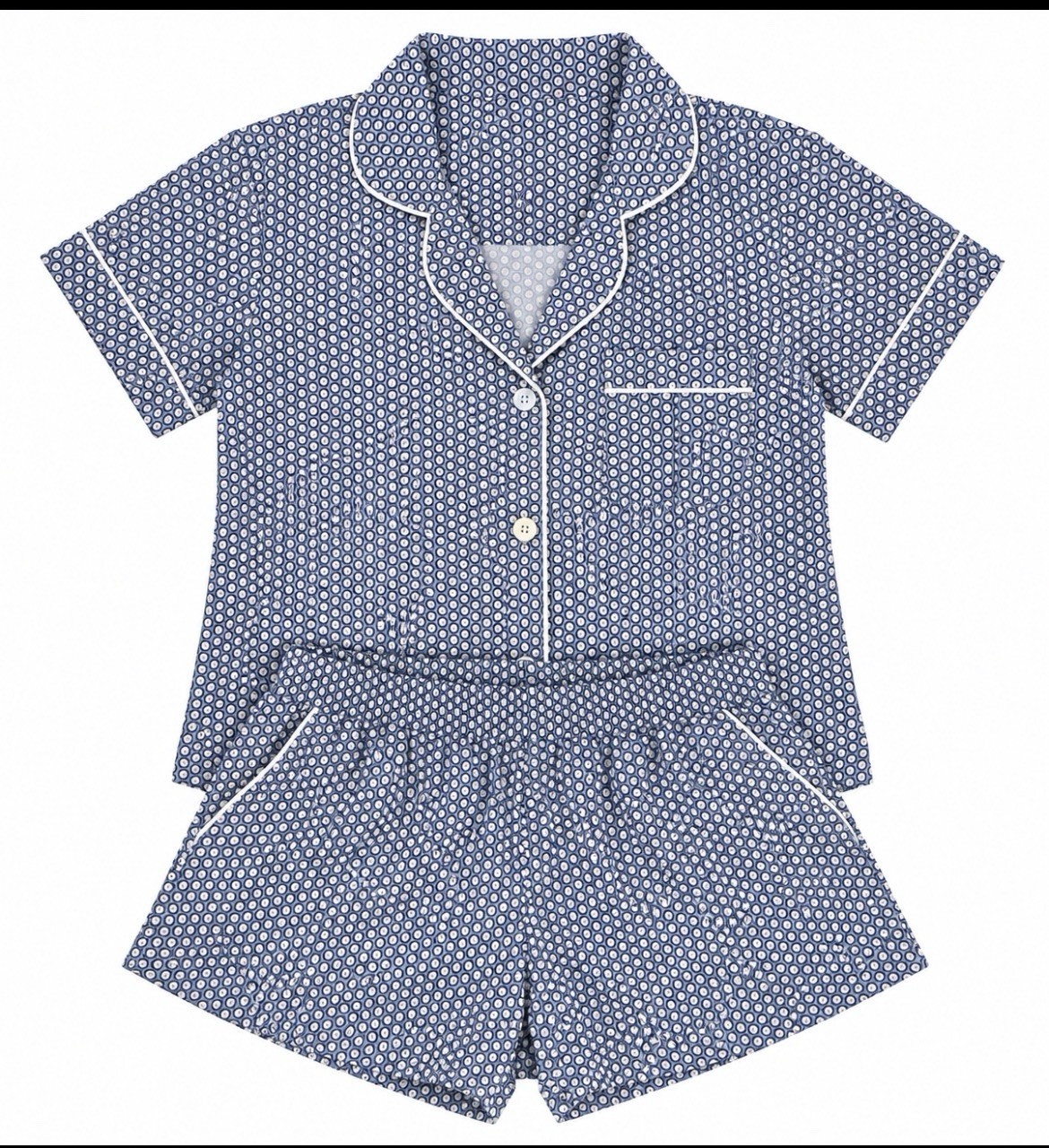 Serena & Lily Blue/White Geometric Pajama Set Short Sleeve Collared Button L