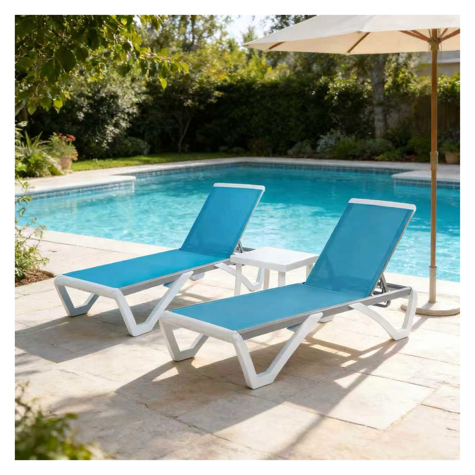 Kozyard Adjustable Patio Chaise Lounges 2 Chairs + Table Kozyard Adjustable Patio Chaise Lounges 2 Chairs + Table