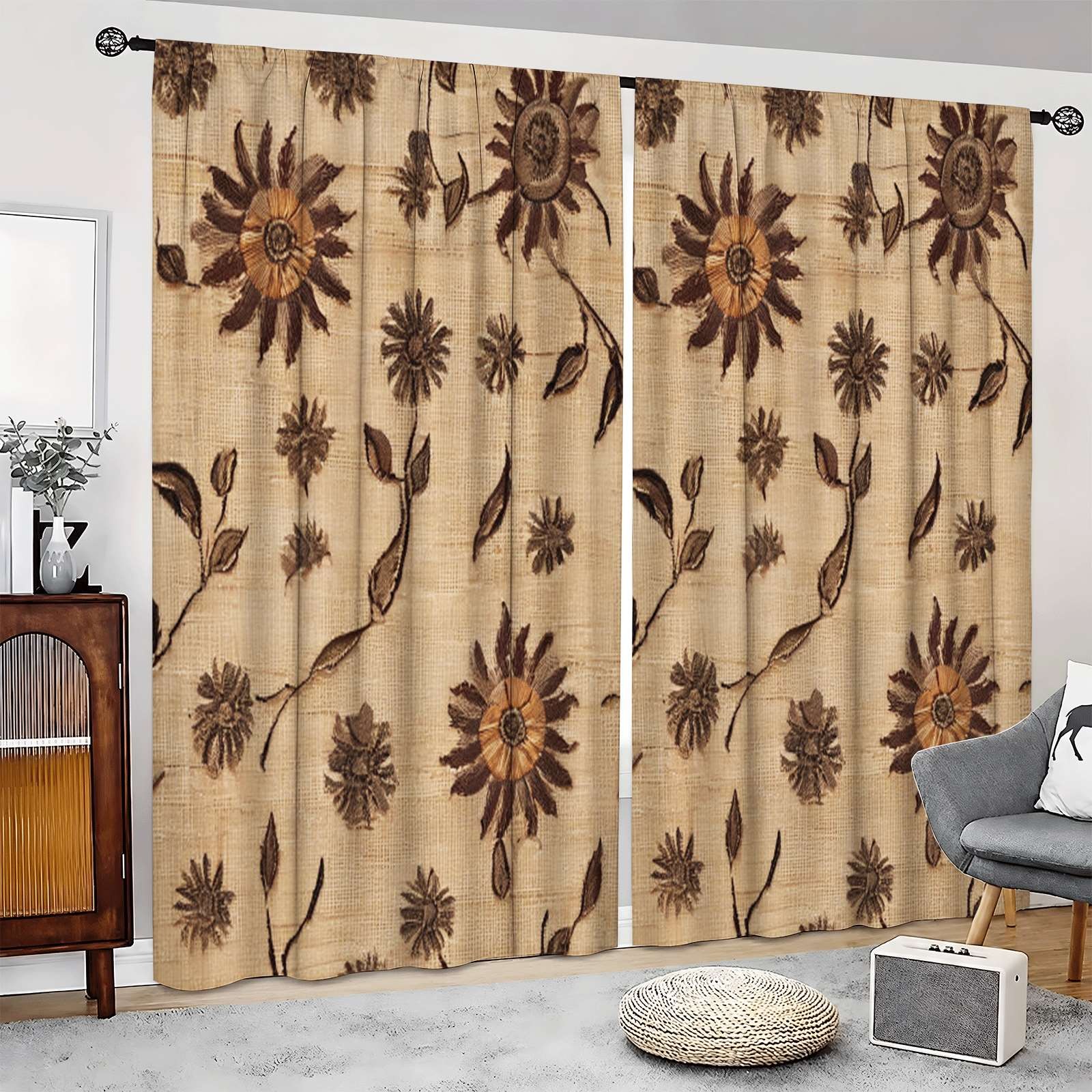 Vintage Sunflower Floral Pattern Curtains Thermal Insulated Drapes Home Decor