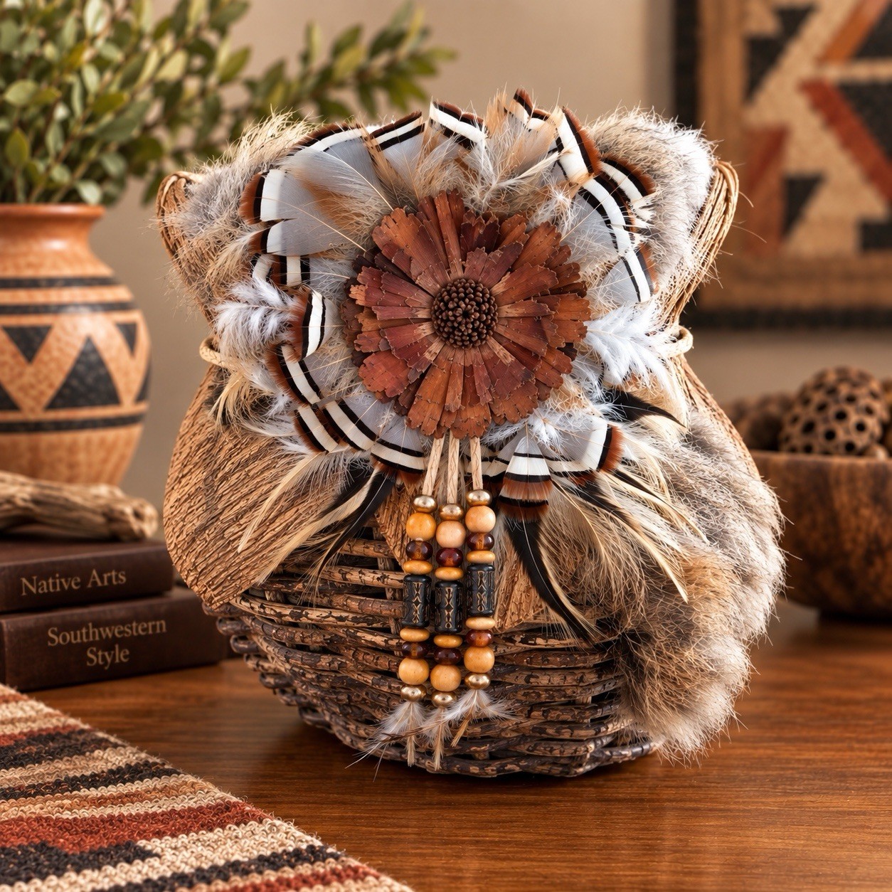 Vintage Southwestern Style Folk Art Basket Twig Bark Fur Feather Pine Cone