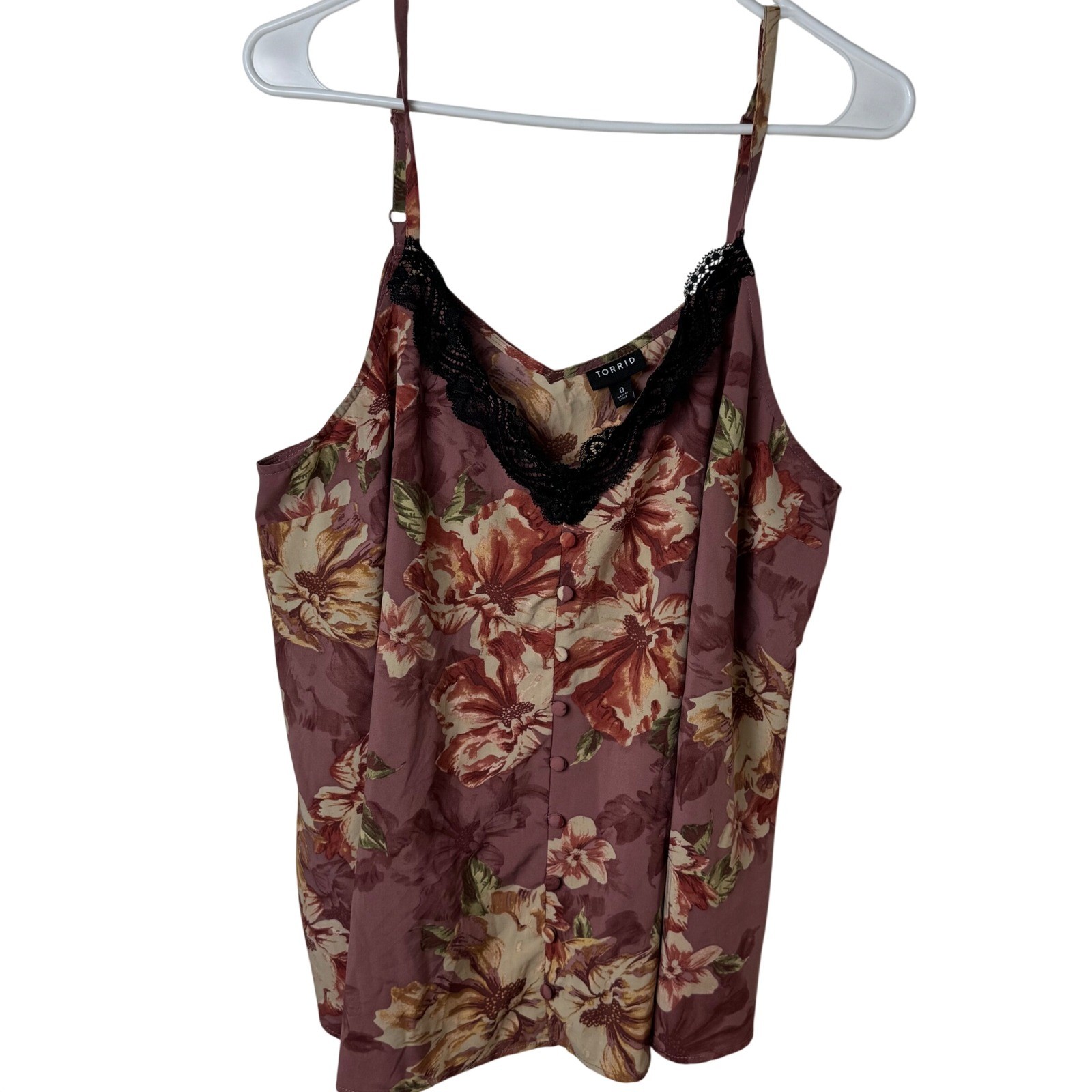 Torrid Camisole Women 0 Mauve Floral Lace Trim V-Neck Button Front Strappy Top