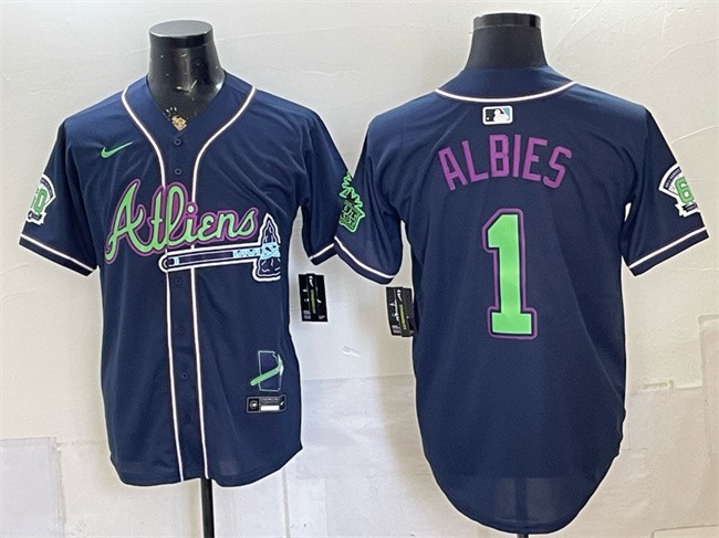 Atlanta Braves #1 Ozzie Albies Galaxy With Outkast Patch Vapor Limited - Navy