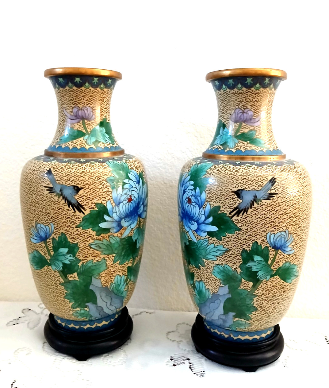 Pair Chinese Handcrafted Floral Bird Mums Cloisonne Enamel Copper Vases 13\