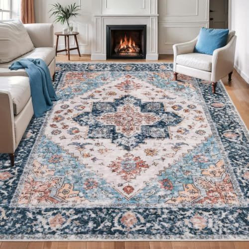 SERISSA 8x10 Washable Non Slip Boho Area 8' x 10' (Rectangular), Blue/Orange