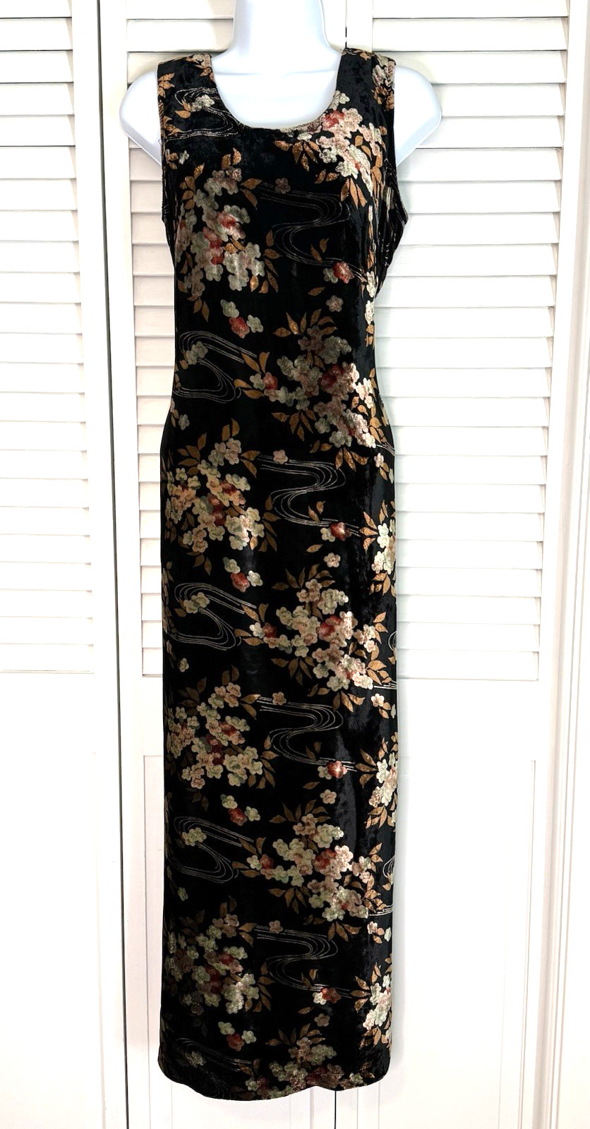 Vtg 90s Velvet Maxi Sheath Dress M Black Asian Inspired Floral Print Column Gown