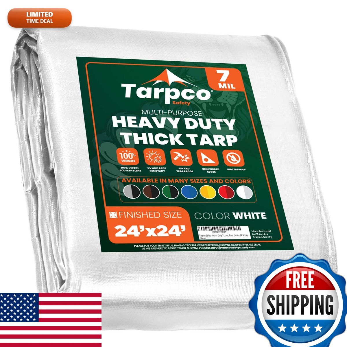 Tarpco Safety TS-204-24X24 7 Mil Poly Tarp White 24\' X 24\' for Roof Camping
