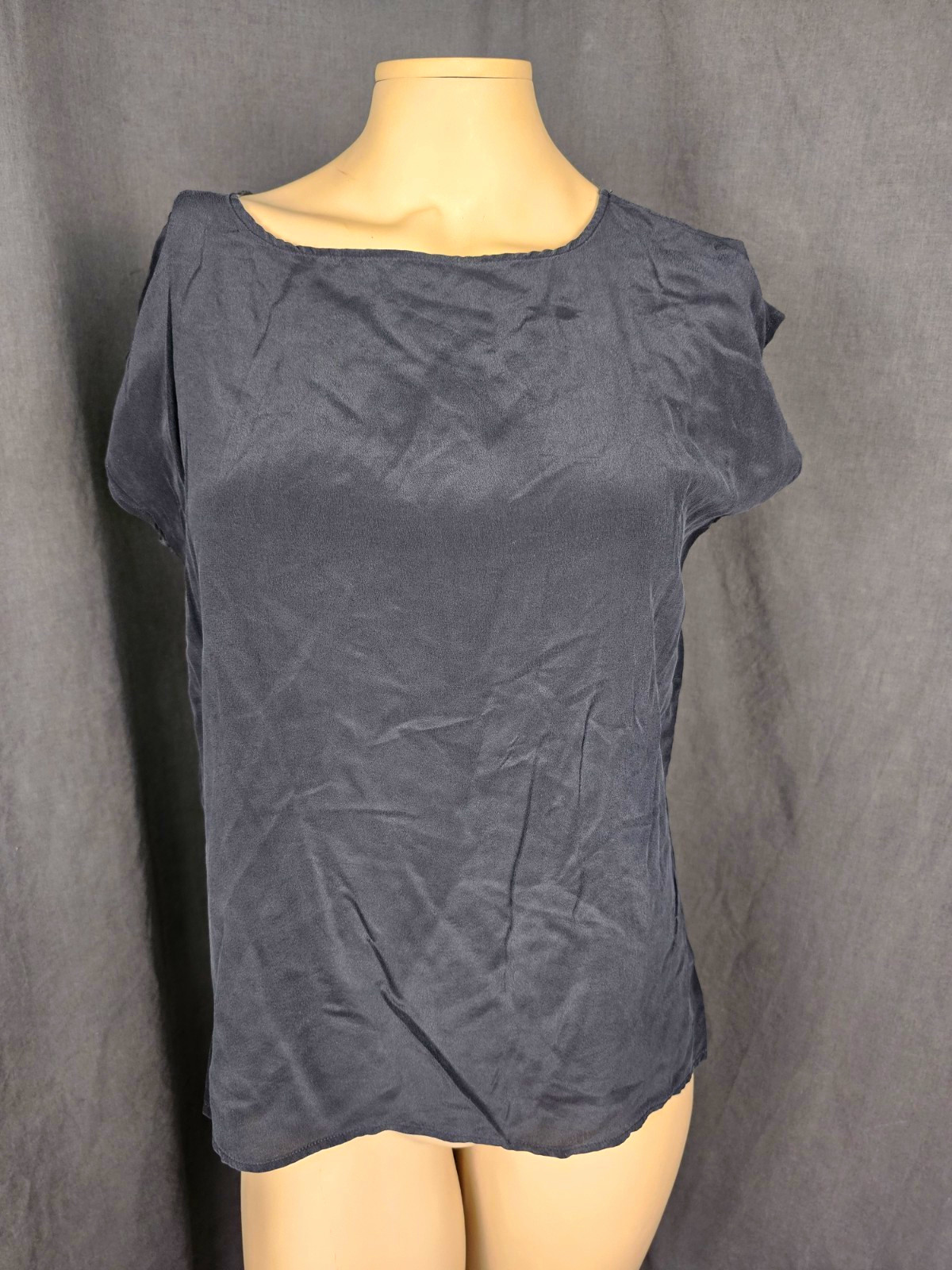Vintage 90s Pure Silk Black Short Sleeve Blouse Top M Minimalist Goth Distressed