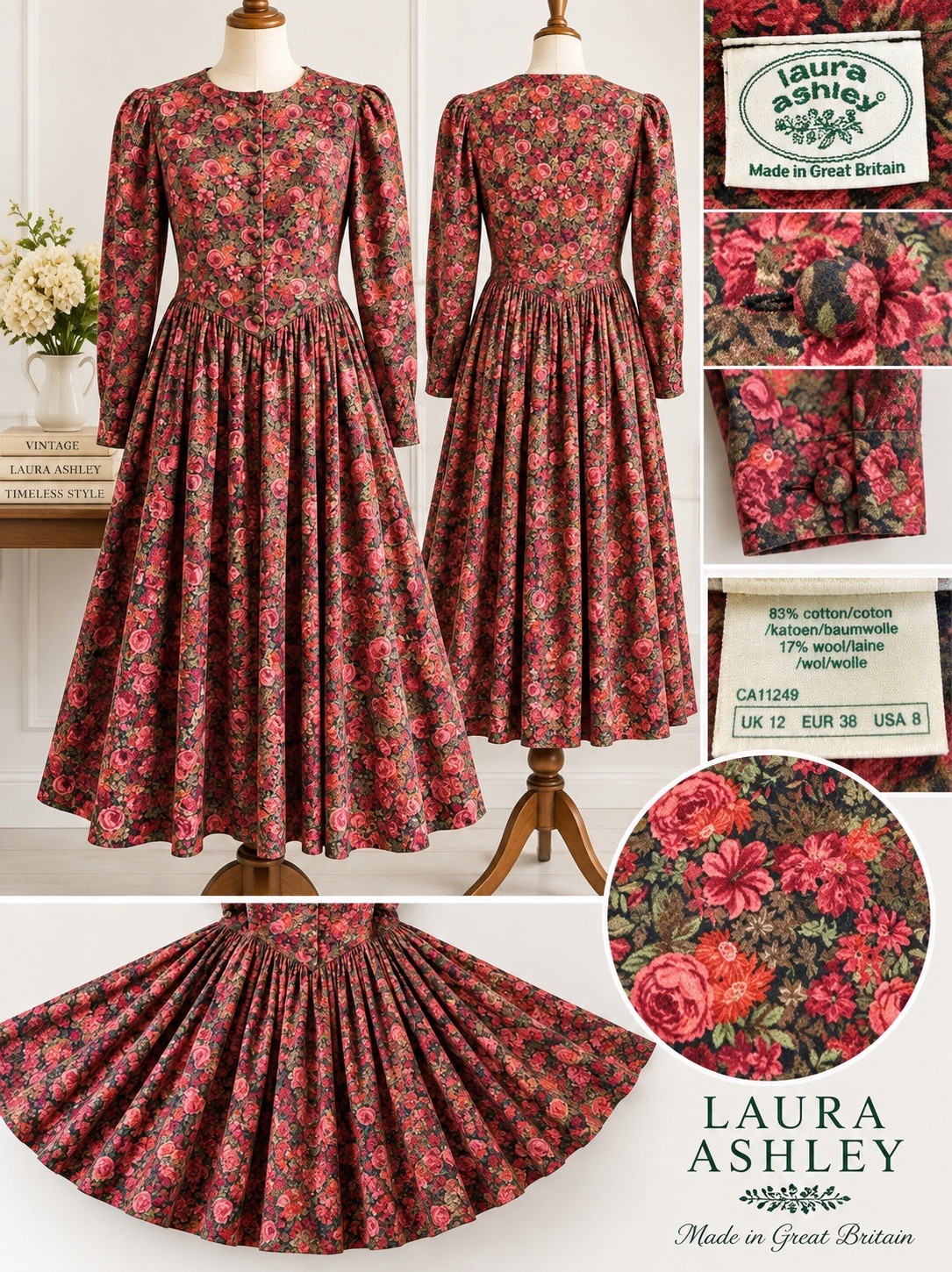 Vintage Laura Ashley Dress Size 8 Floral Cotton Wool Full Skirt Great Britain