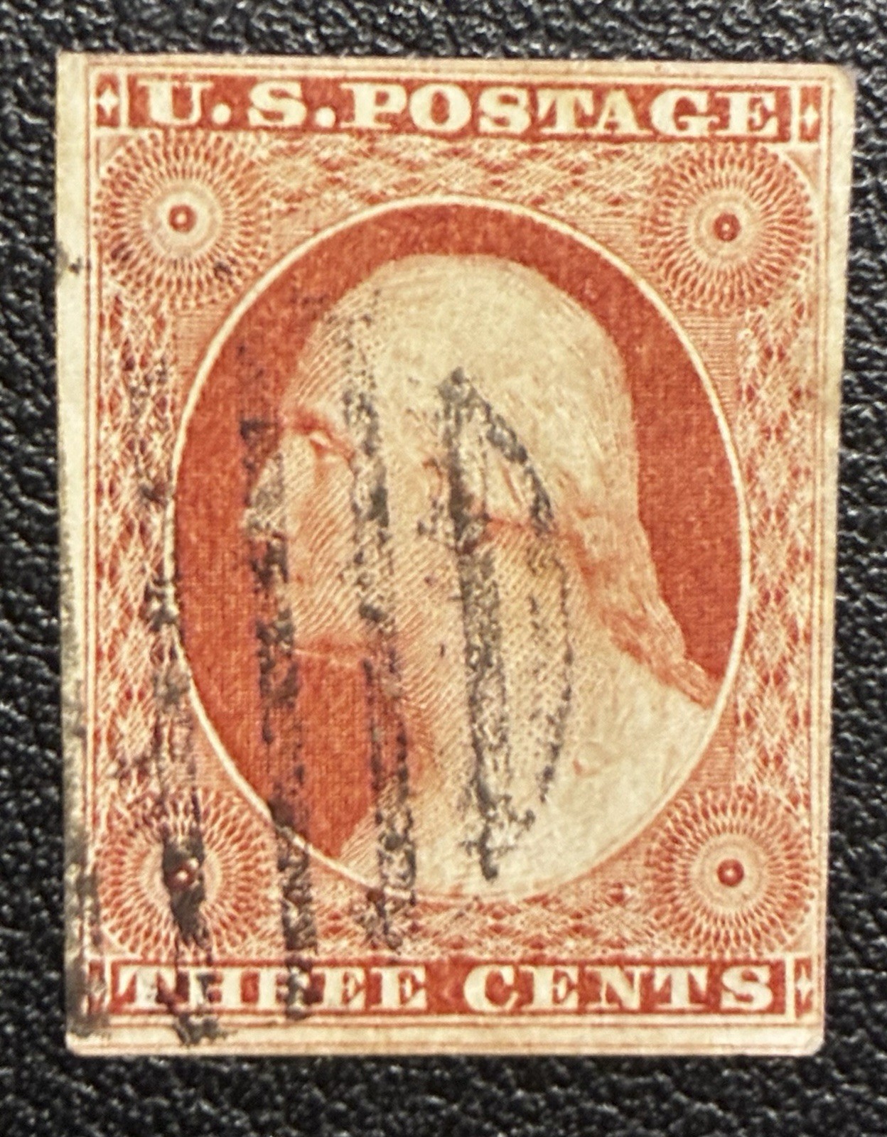 US Stamp, Scott #11A Plated Full Boarders, 1853 3c Washington, Type II / Used
