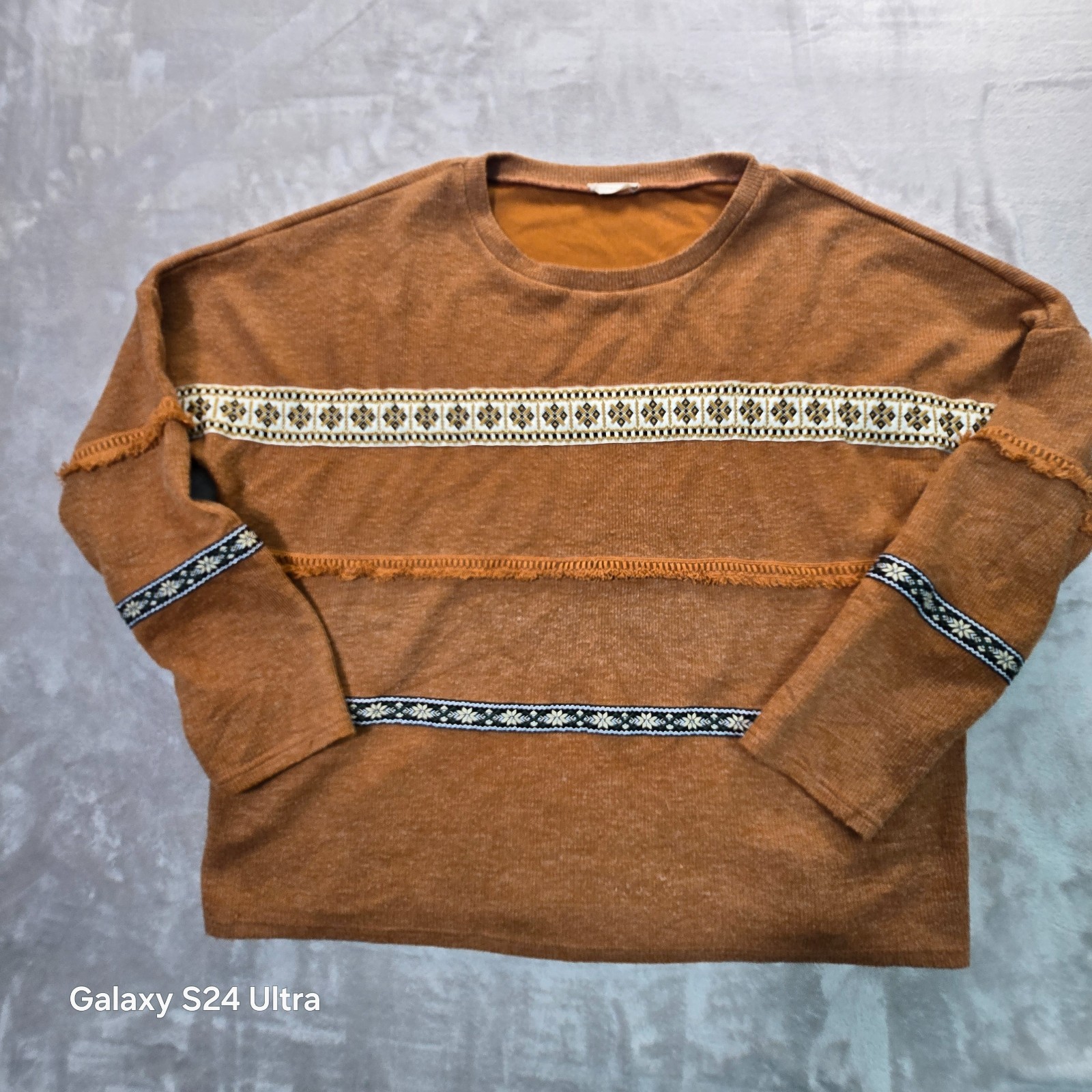 Andthewhy Sweater Womens 1X Brown Southwestern Aztec Fringe Embroidered Knitted