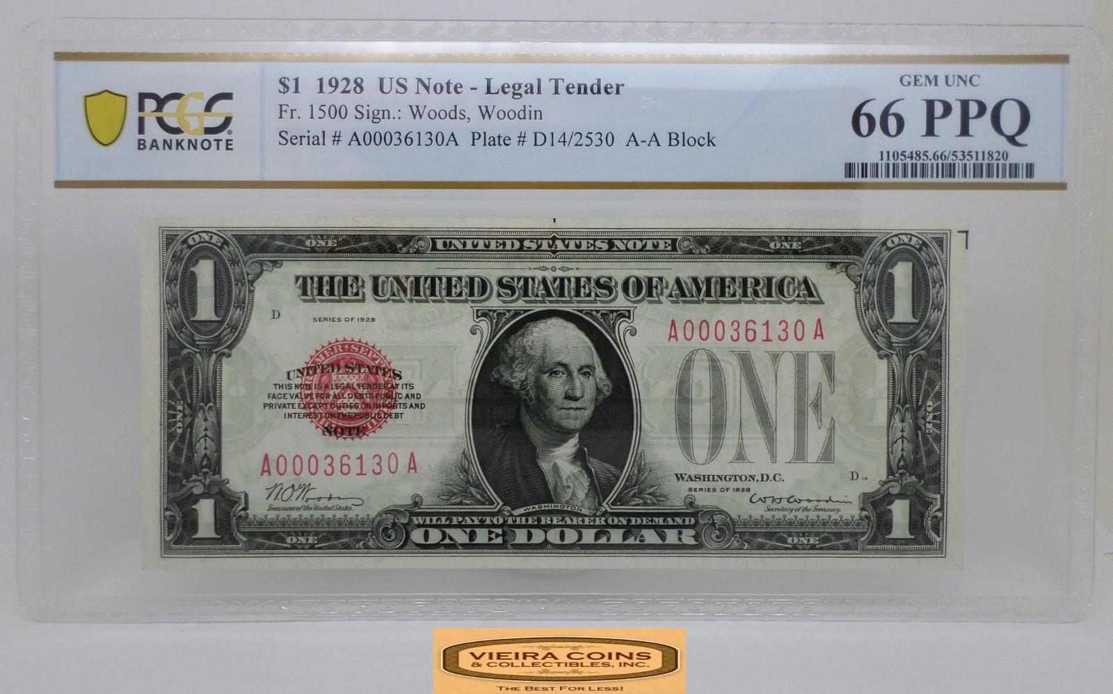 1928 Legal Tender $1, Fr.1500 PCGS GEM UNC 66 PPQ - #P58368